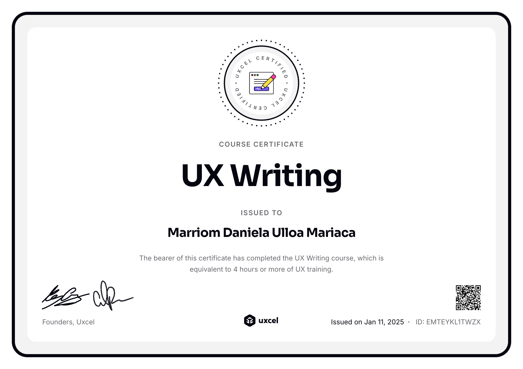 Marriom Daniela Ulloa Mariaca's certificate
